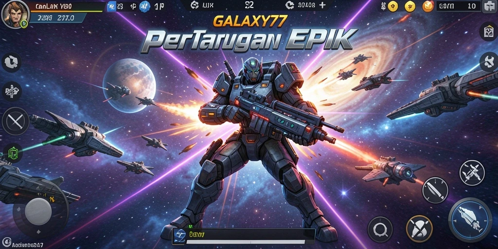 Screenshot GALAXY77 menampilkan aksi pertempuran mendebarkan di luar angkasa.