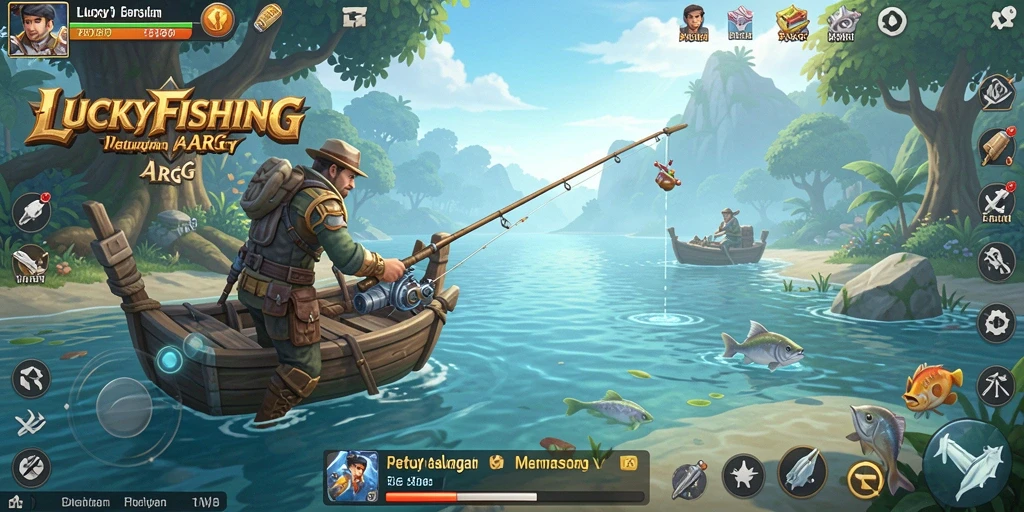 Screenshot gameplay LUCKYFISHING menunjukkan aksi memancing yang mendebarkan.