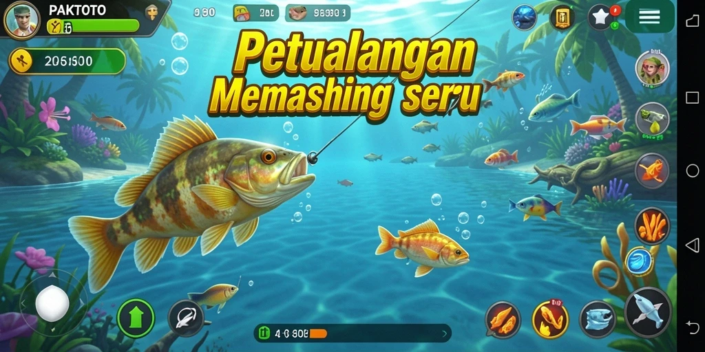 Tampilan gameplay PAKTOTO dengan berbagai jenis ikan dan lokasi memancing.