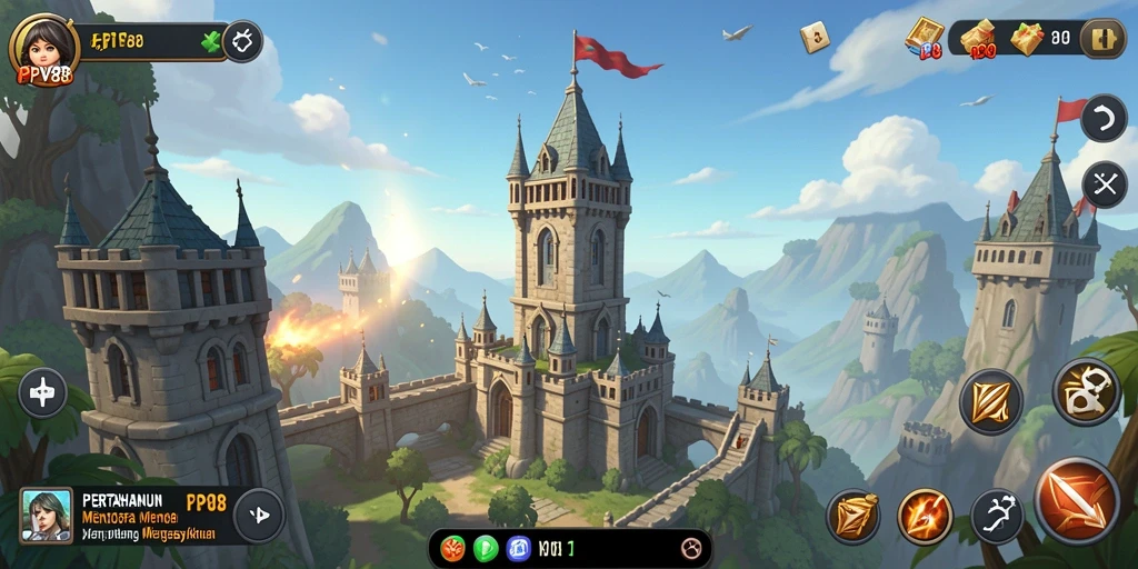 Screenshot gameplay menampilkan menara dan serangan musuh di PPV88.